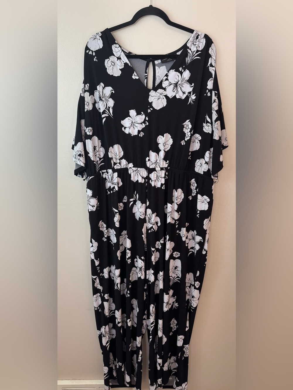 Lane Bryant Black Floral V-Neck Pant Romper with White Hibiscus Print 26/28P
